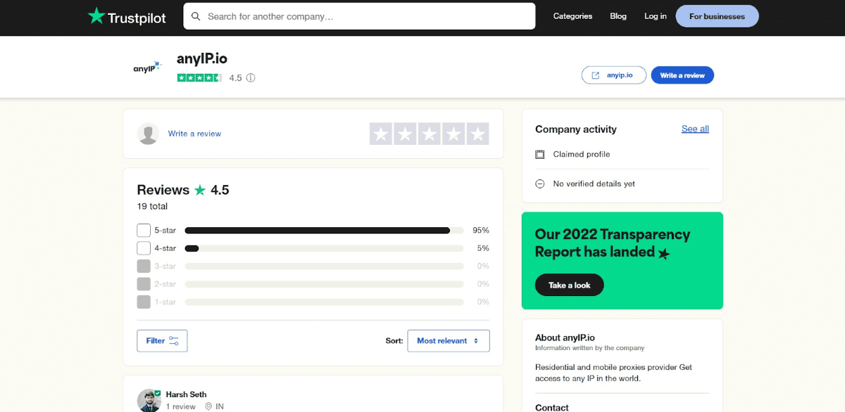 Профиль AnyIP на TrustPilot