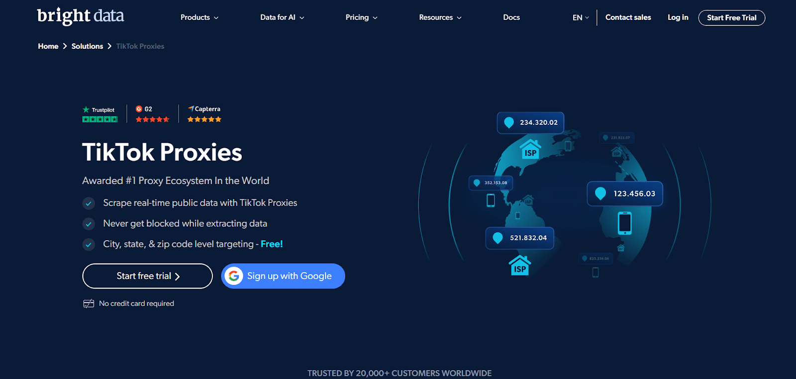 Bright Data TikTok Proxies page with "Start free trial" and "Sign up with Google" buttons.