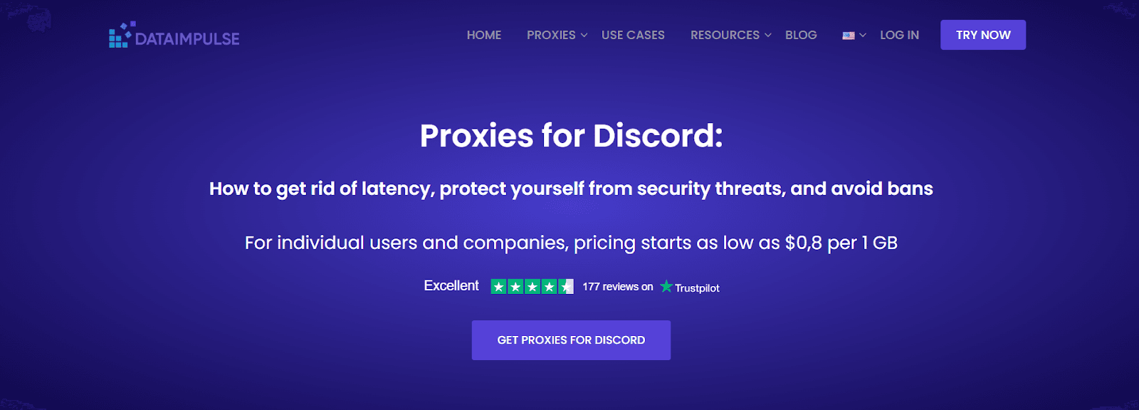 DataImpulse homepage for Discord proxies with a "Get proxies for Discord" button for automation and API usage