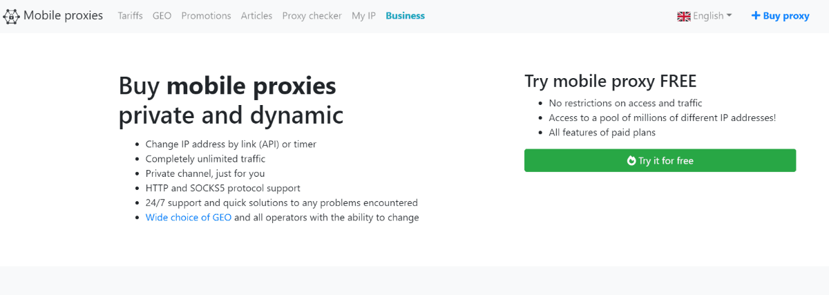 A screenshot of Mobileproxy’s homepage