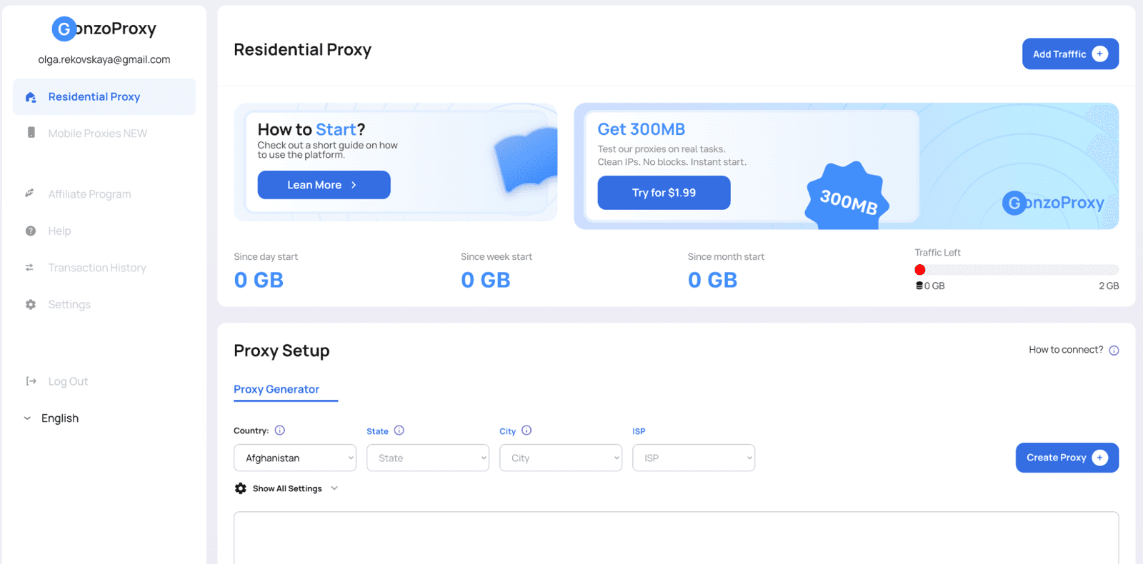 GonzoProxy Dashboard Webpage