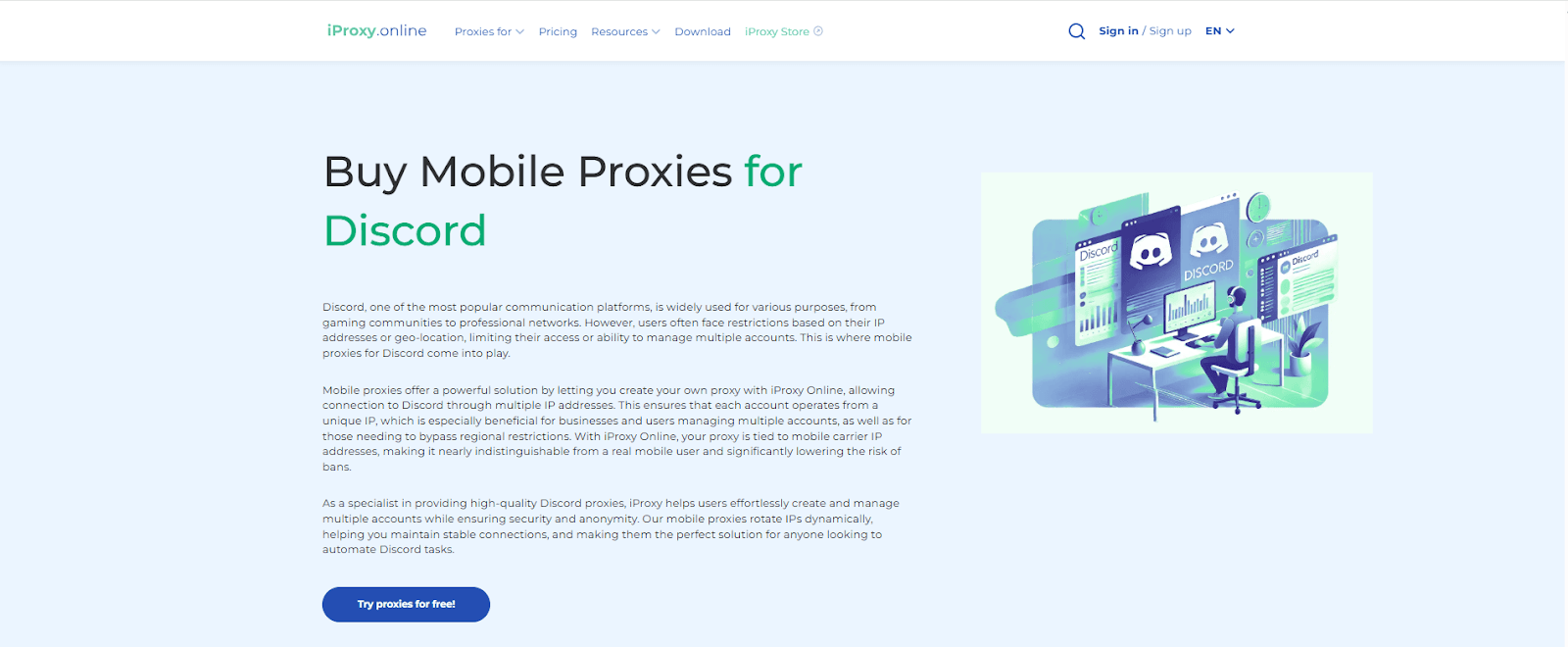iProxy.online page for mobile proxies with an illustration of a user managing Discord accounts and a "Try for free" button for cloud gaming.