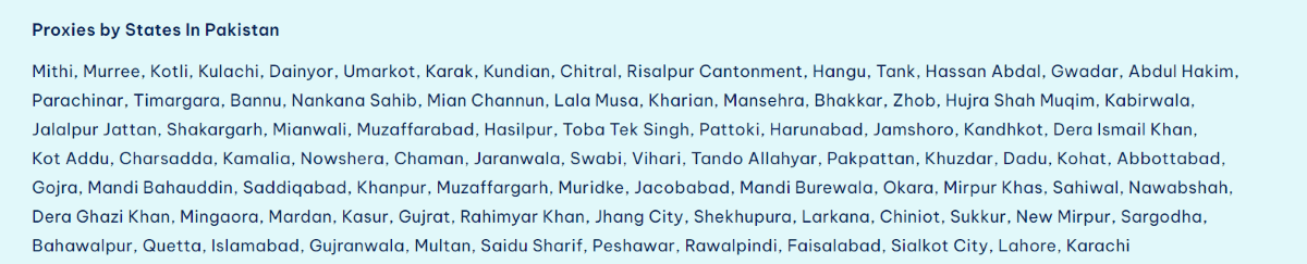 Proxies by city in Pakistan