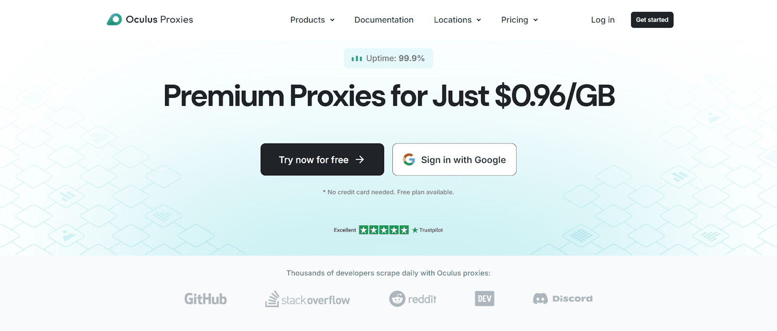 Oculus Proxies homepage with a "Try now for free" button for high-speed proxies at $0.96/GB, ideal for Discord voice and video calls.
