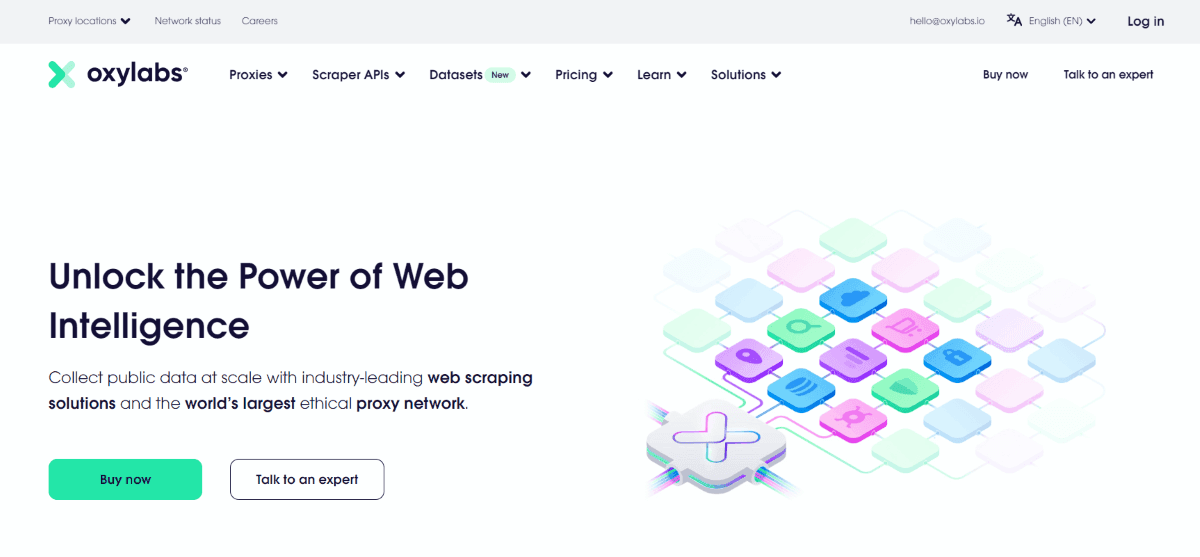Домашняя страница Oxylabs, на которой представлены прокси-серверы, API-скреперы и т.д.