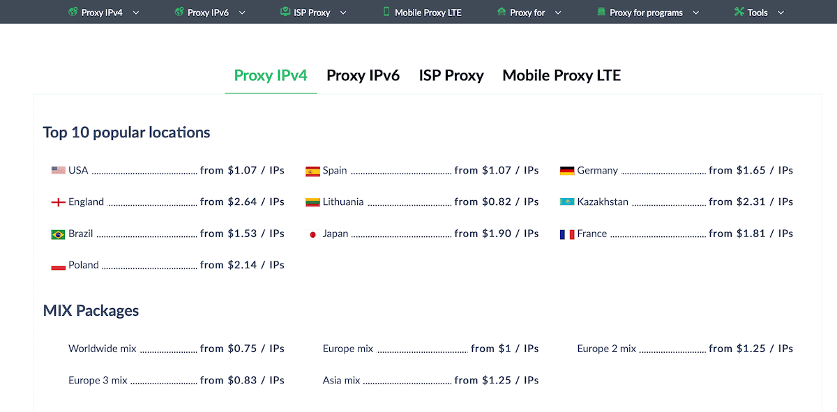 ProxySeller pricing page