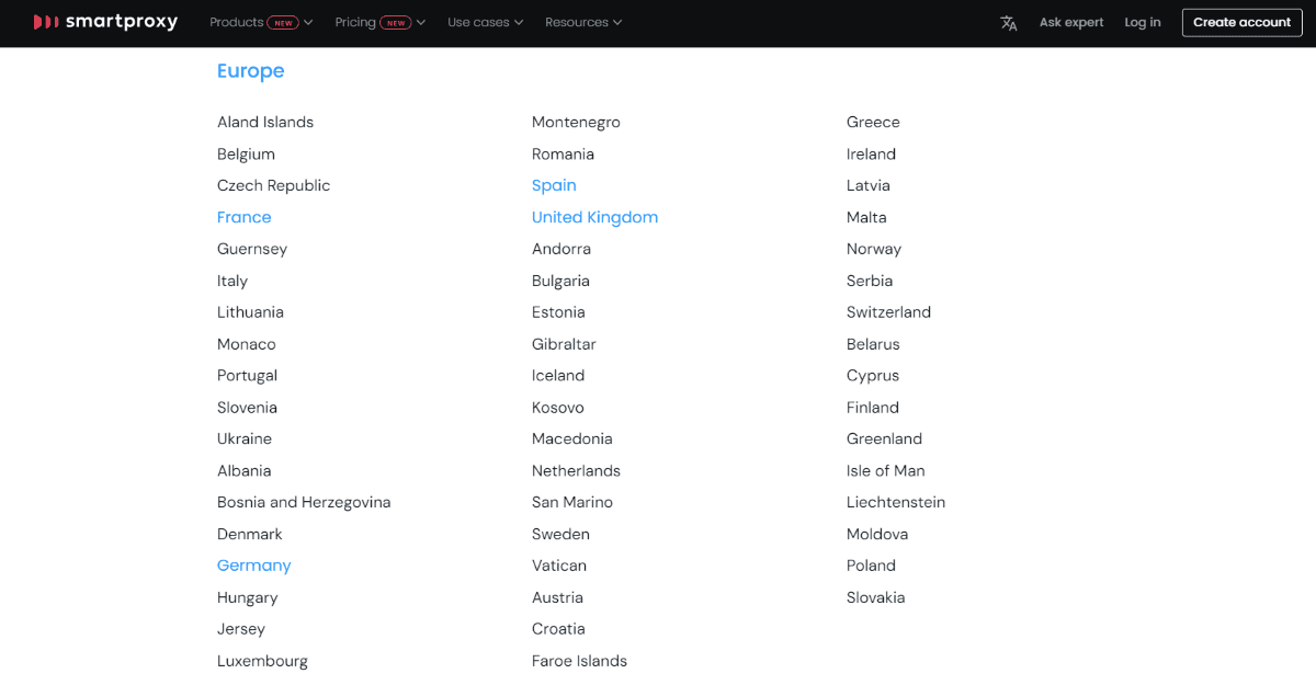 Европейские страны Smartproxy