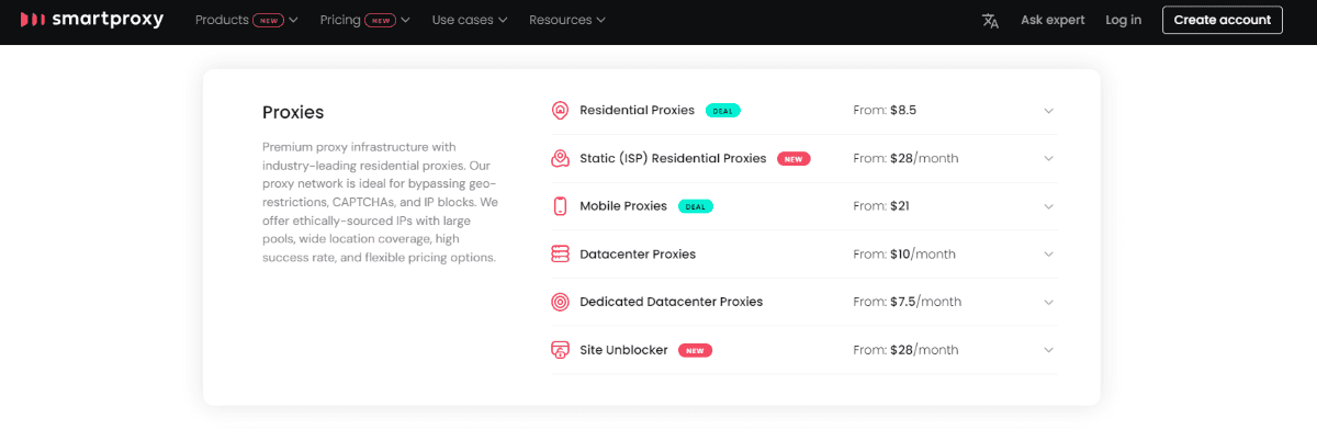 Smartproxy предлагает тарифные планы для жилых, мобильных, дата-центров и выделенных прокси-серверов