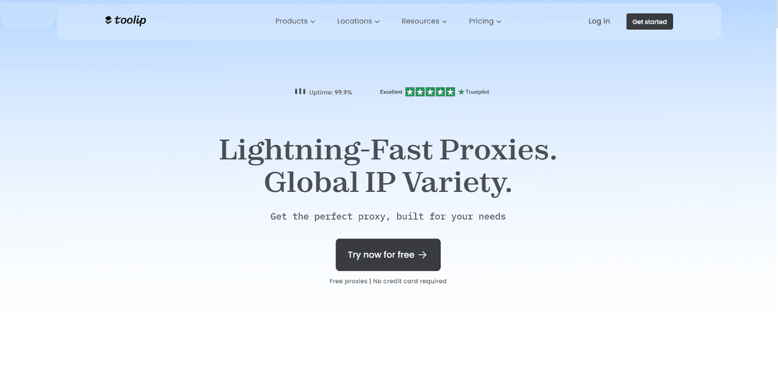 Toolip page with a "Lightning-Fast Proxies" title and a "Try now for free" button.