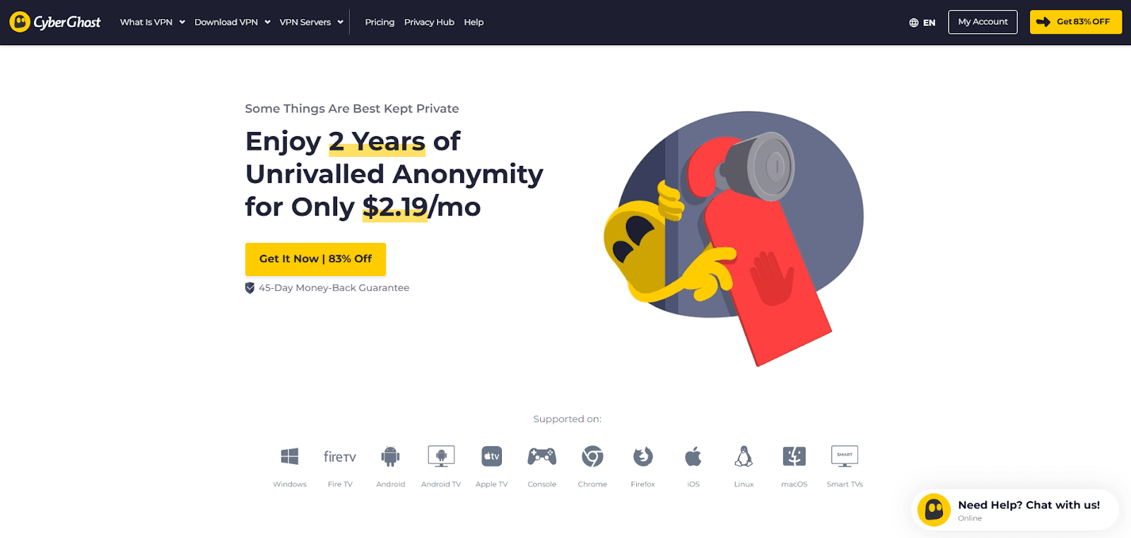 CyberGhost homepage promoting anonymity for private Pornhub watch