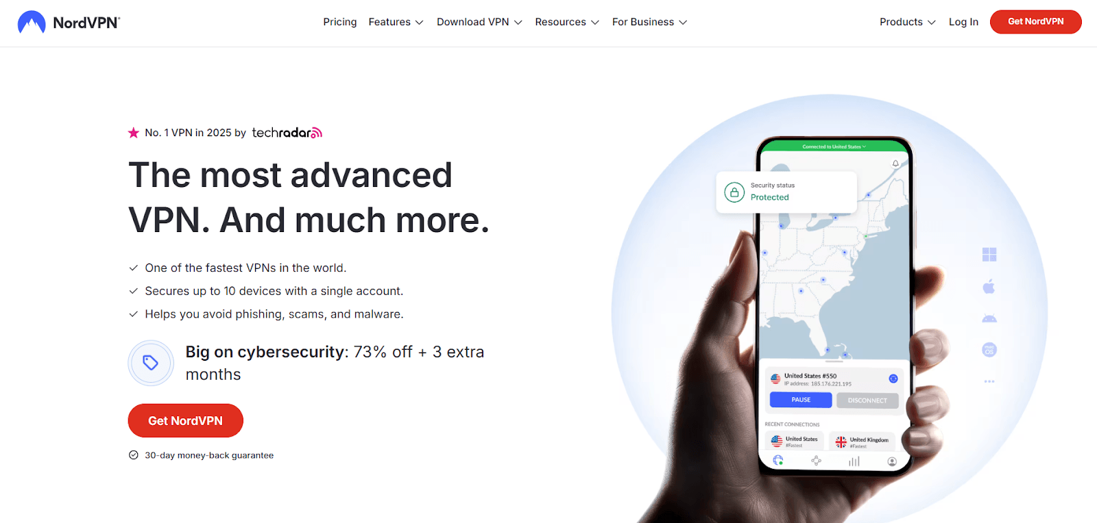 NordVPN homepage with a phone showing a server map for Pornhub access