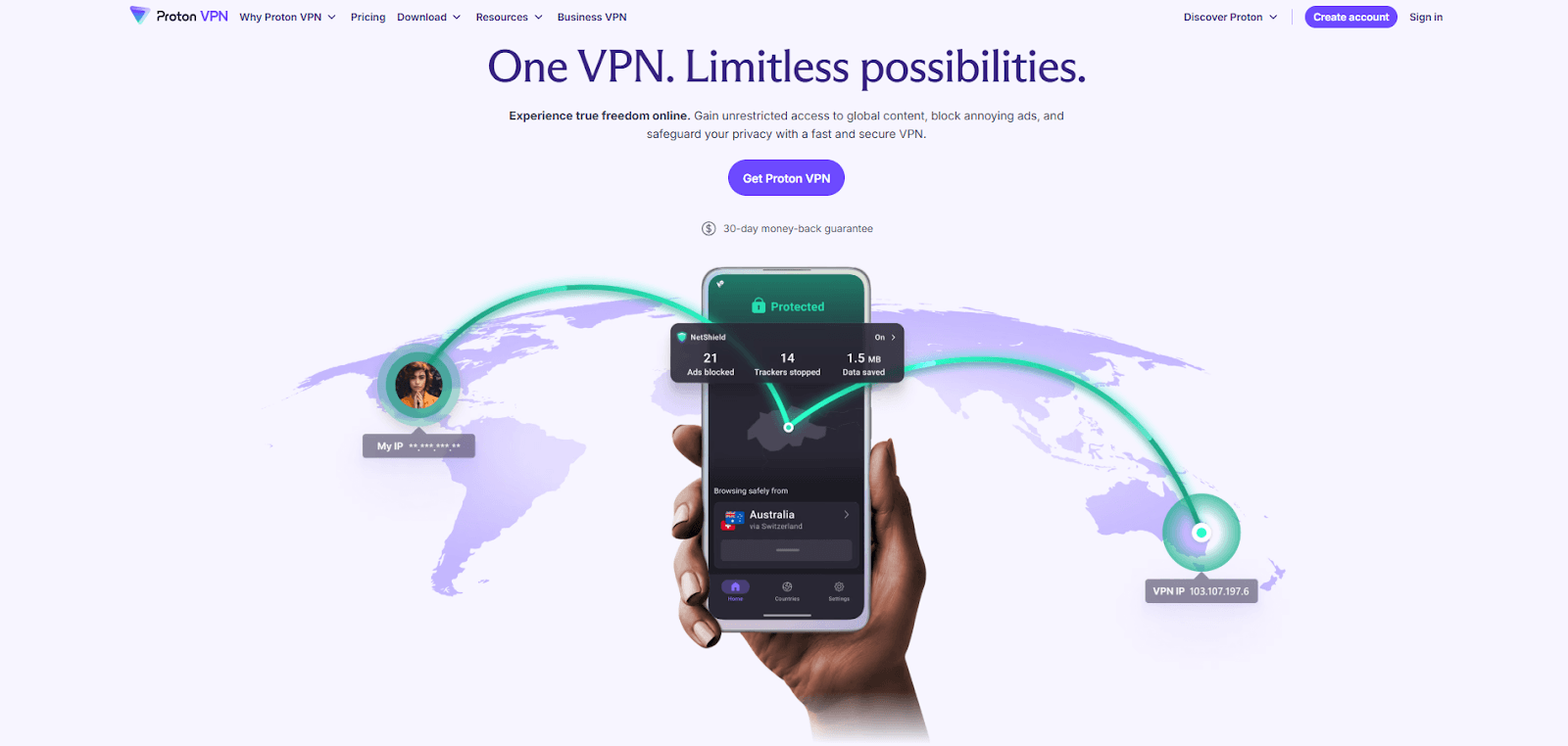 Proton VPN homepage with NetShield for secure Pornhub browsing