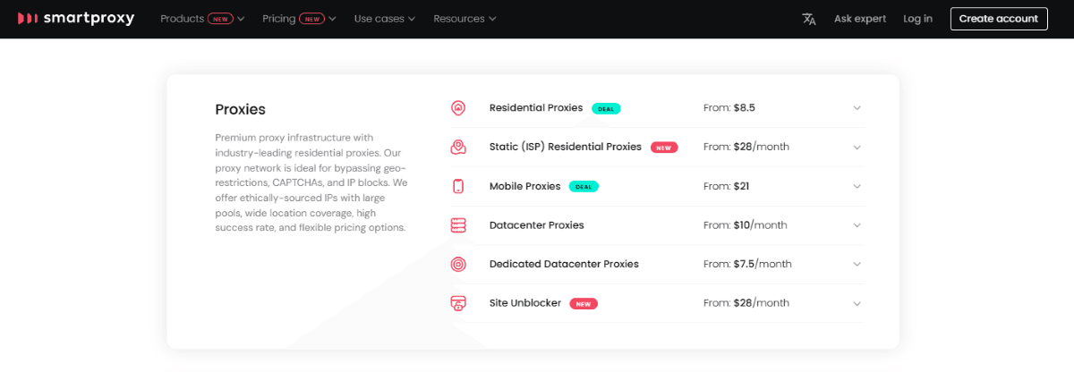 Smartproxy pricing plans for residential, mobile, datacenter, and dedicated proxies