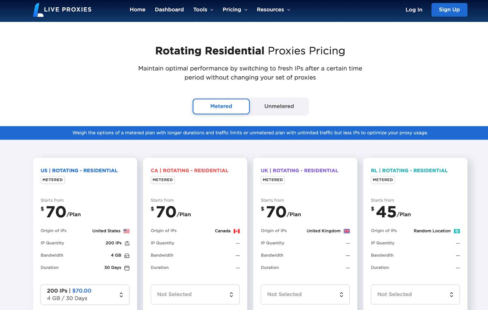 Live Proxies offers metered and unmetered pricing plans