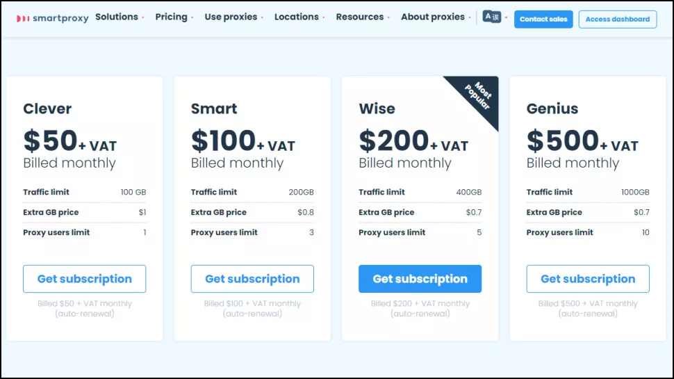 Smartproxy pricing page