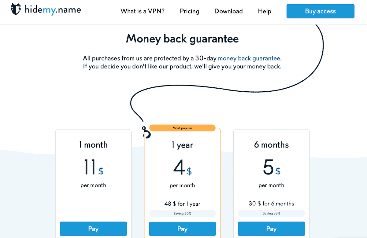 HideMy.name pricing page