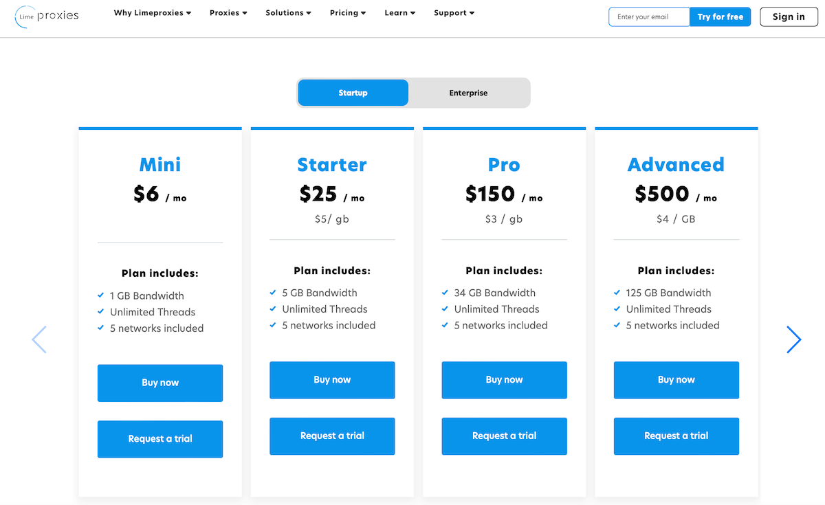LimeProxies pricing plans: Mini, Starter, Pro, and Advanced
