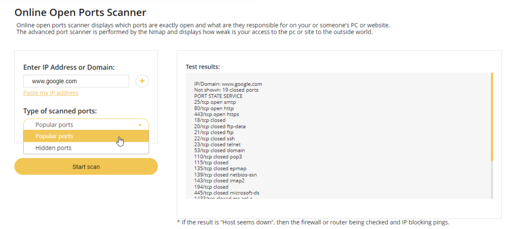 Online open ports scanner page