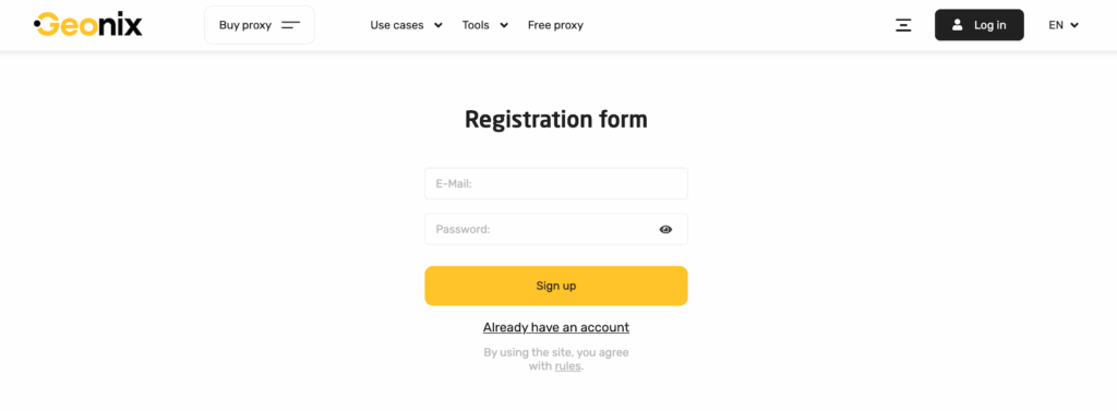Geonix sign-up page