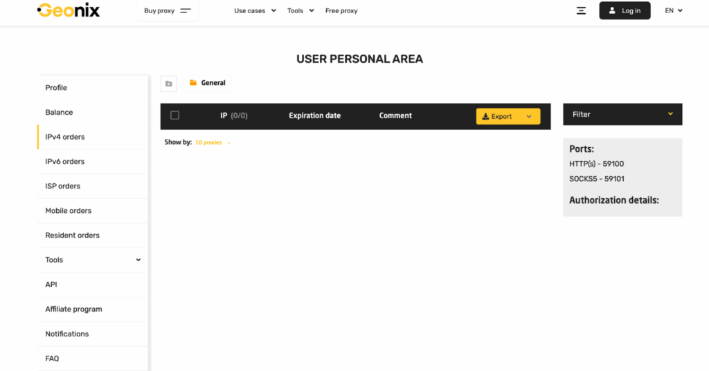 Dashboard for managing proxy orders, subscriptions, and credentials