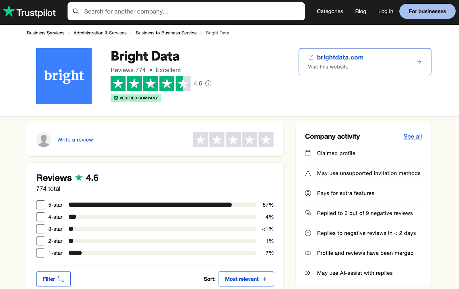 Bright Data’s profile on TrustPilot