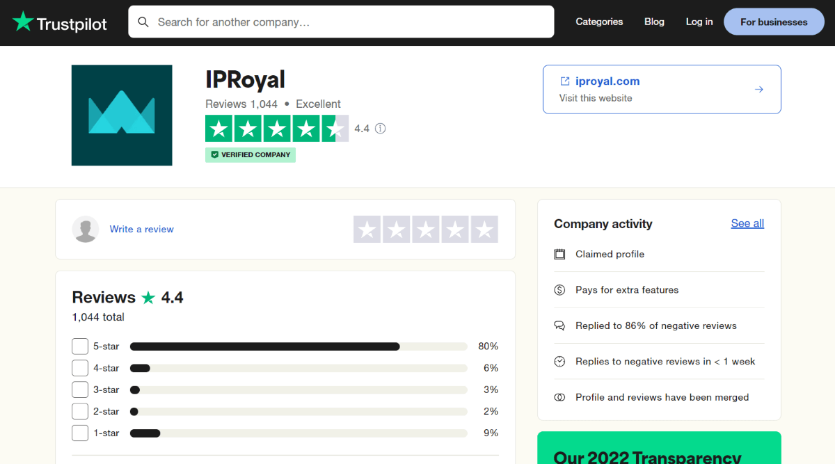 IPRoyal Trustpilot reviews (4.4 stars in 2023)