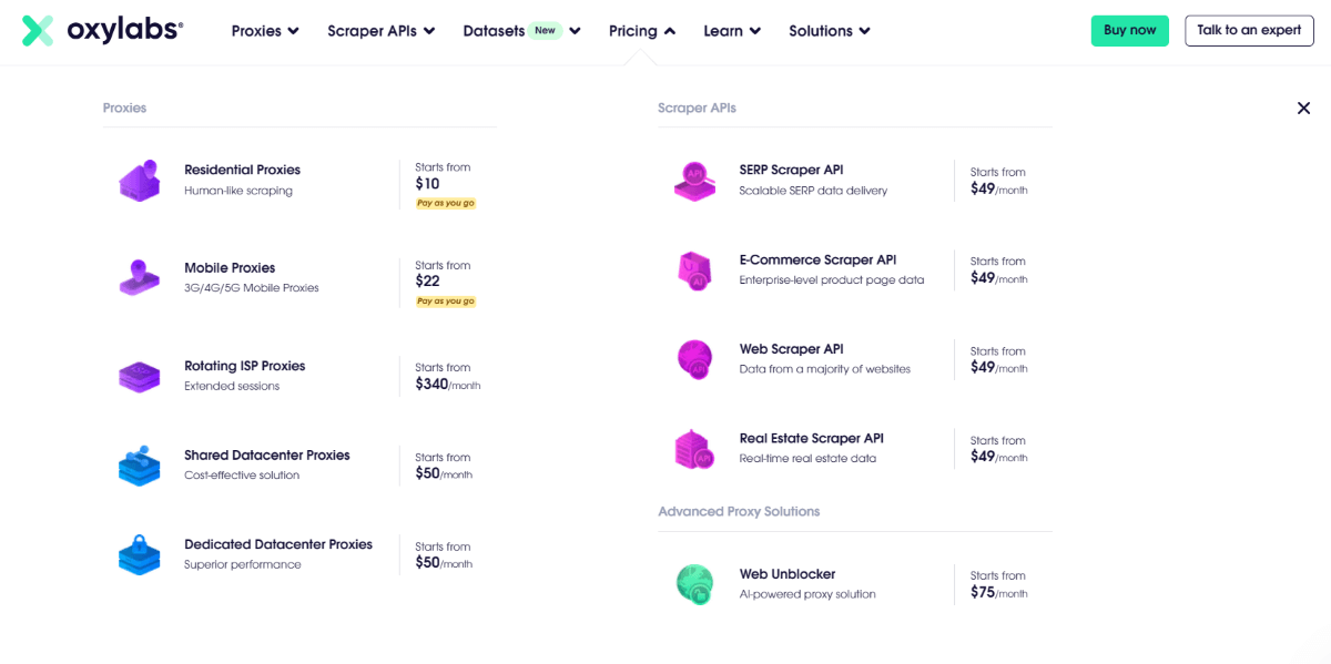 Oxylabs price table with charges for residential proxies, mobile, rotating ISPs, etc.