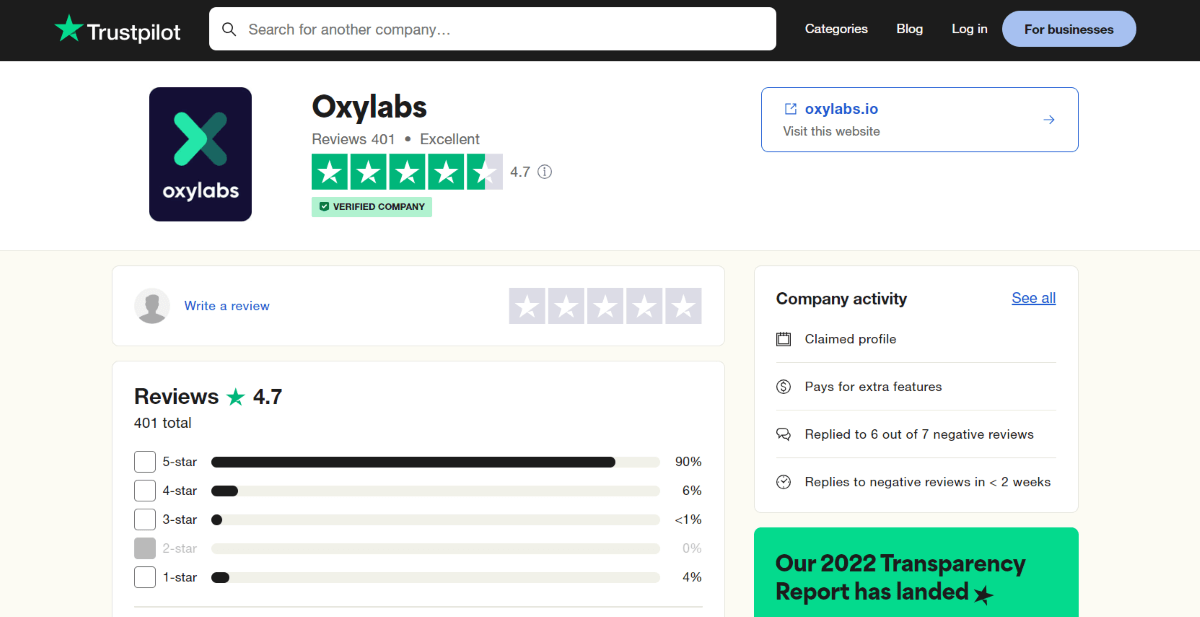 Oxylabs Reviews (Trustpilot). The result is 4.7 stars