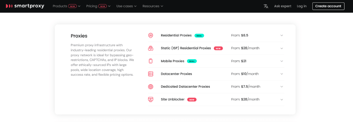 Smartproxy pricing plans for residential, mobile, datacenter, and dedicated proxies