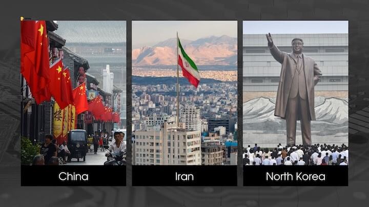 Pictures showing cities in China, Iran, and North Korea