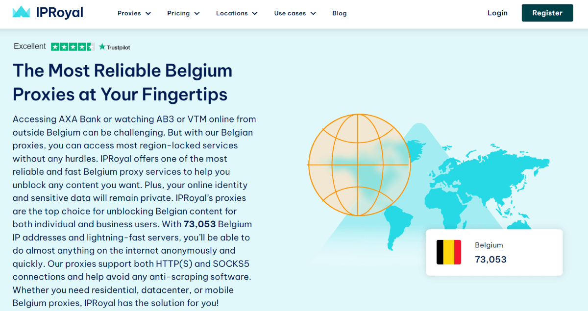 The website's section for Belgium