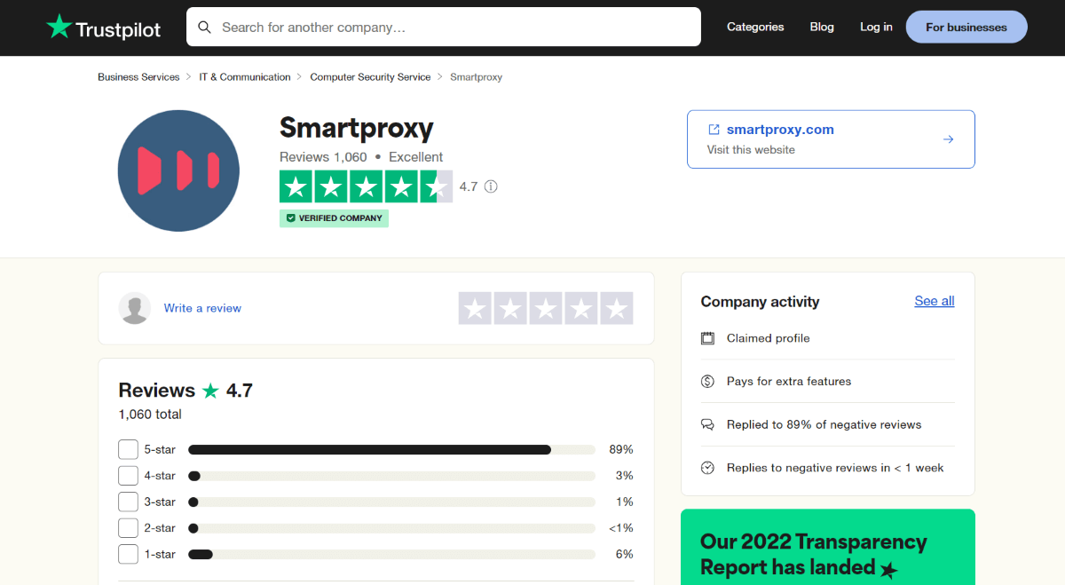 Рейтинг Smartproxy на Trustpilot составляет 4,7 звезды