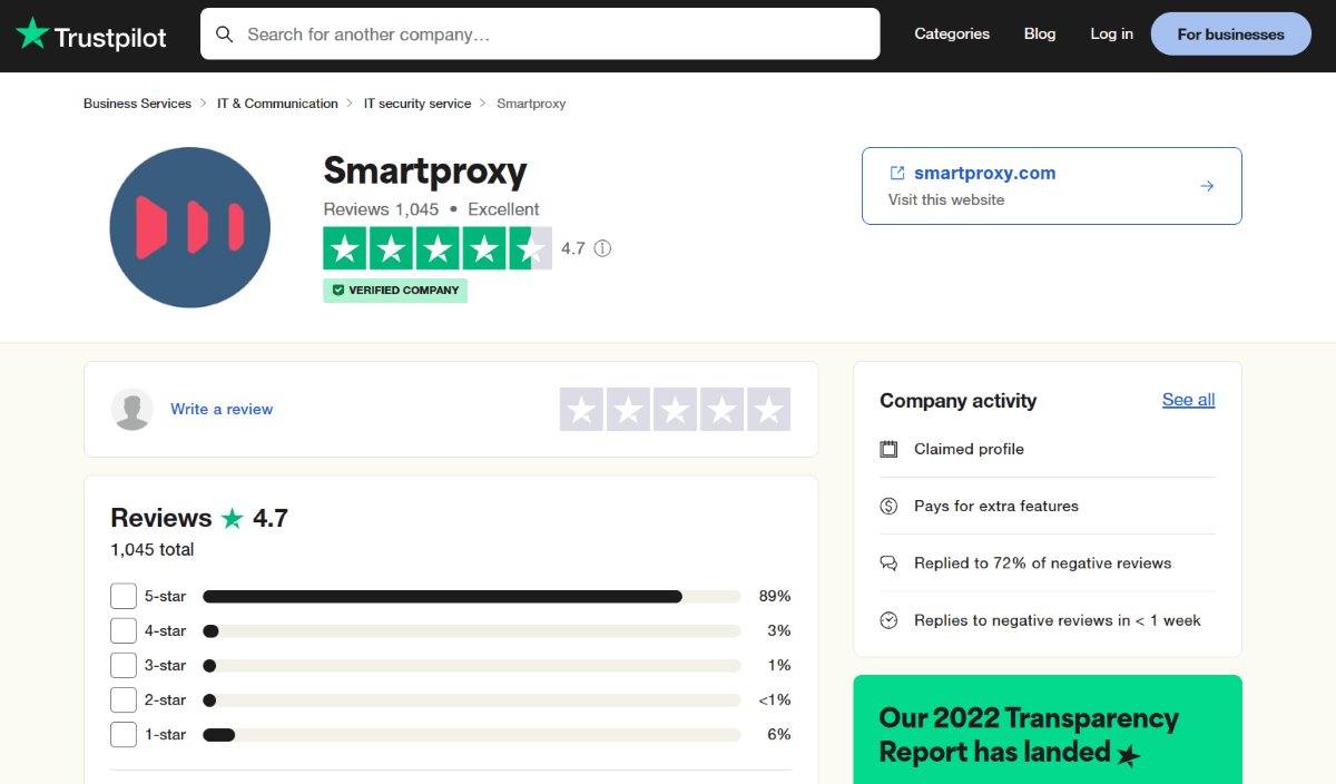 SmartProxy Trustpilot reviews (4.7 stars)