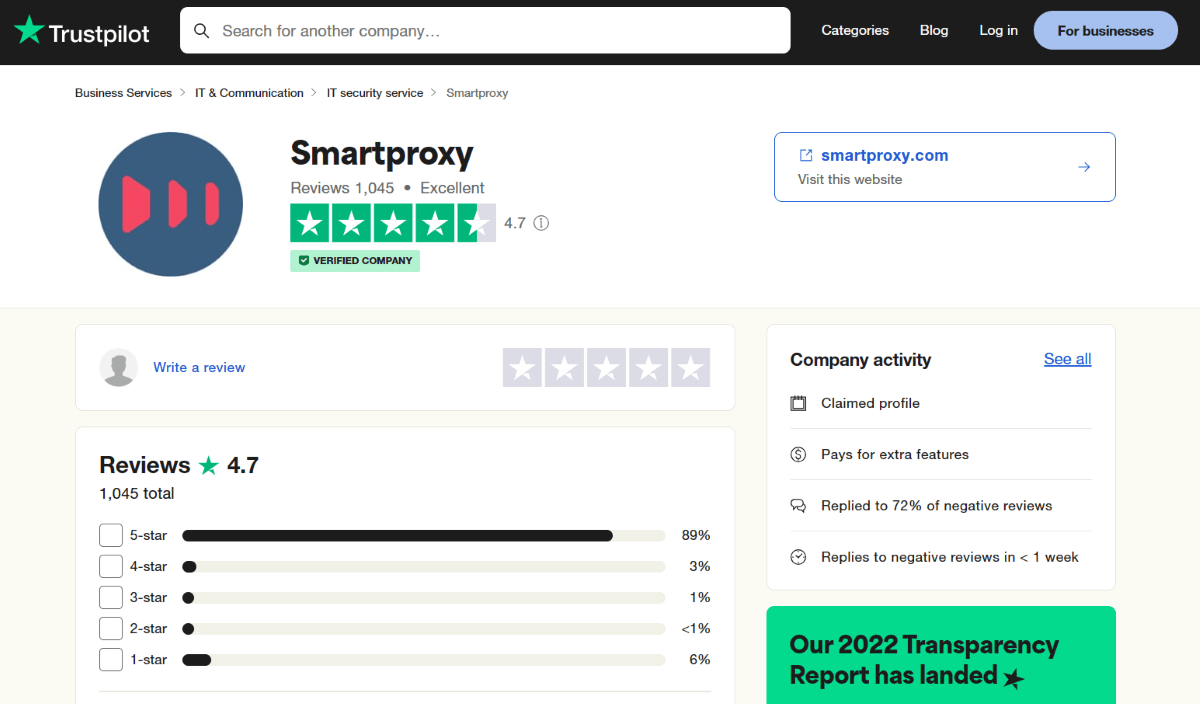 Smartproxy Trustpilot reviews (4.7 stars)