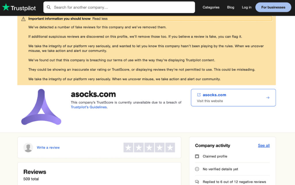 Asocks.com TrustPilot profile
