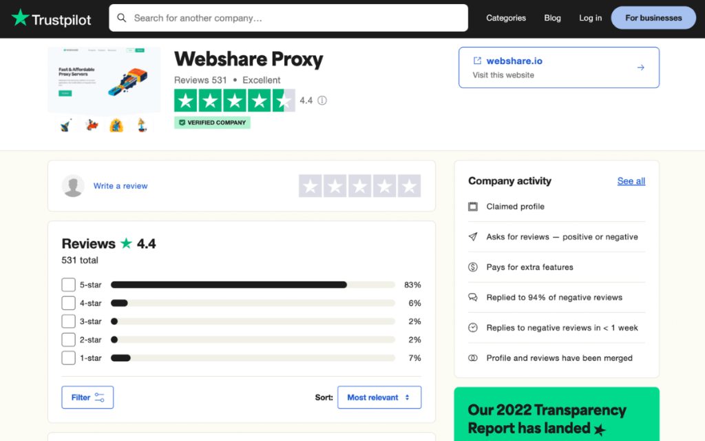 Webshare profile on Trustpilot 