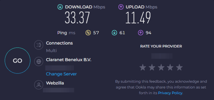 Screenshot of SpeedTest for residential proxy
