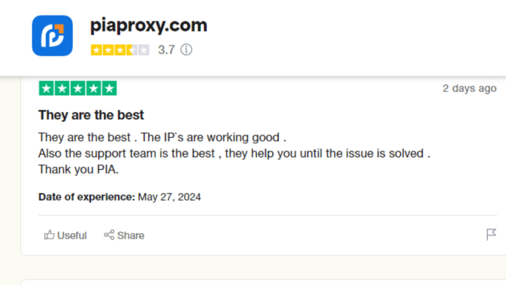 A screenshot of PIA s5 proxy review on Trustpilot