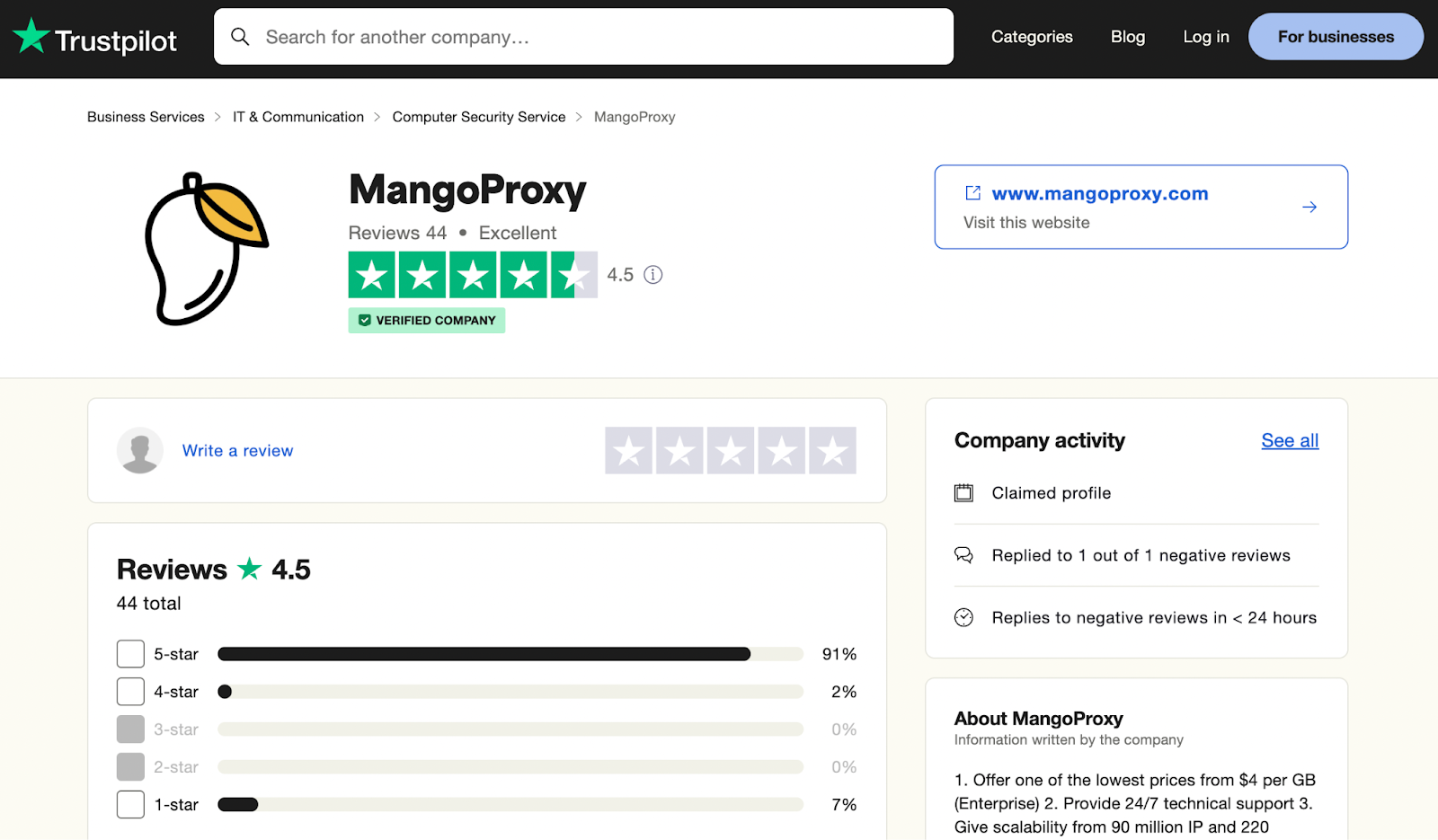 Profile on TrustPilot