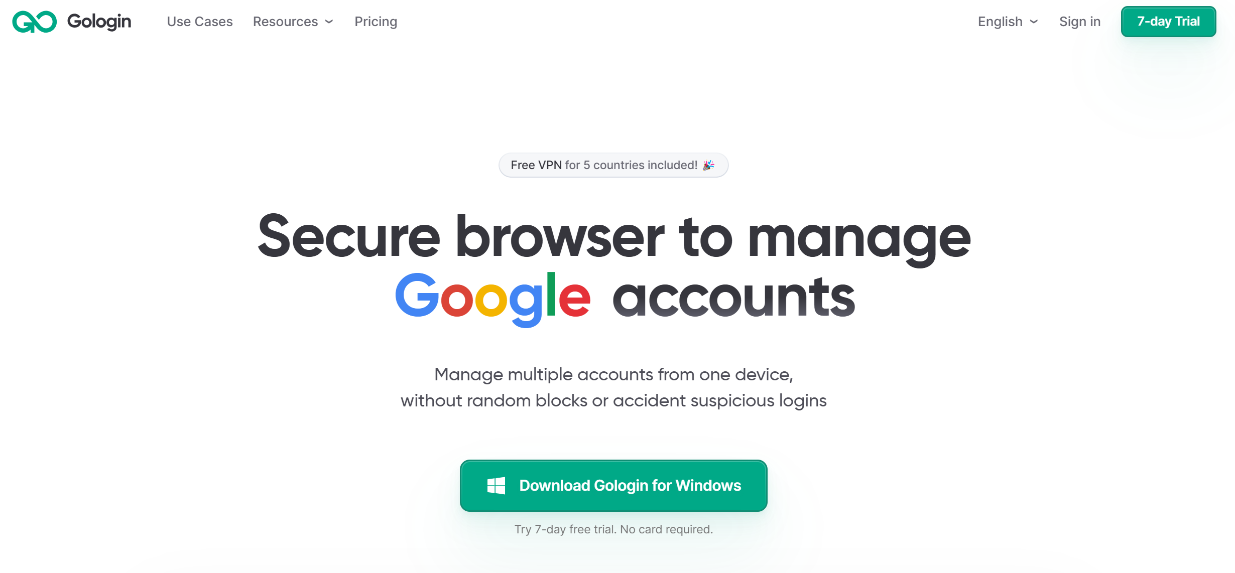 GoLogin landing page displaying a few features and free trial options for an affordable antidetect browser