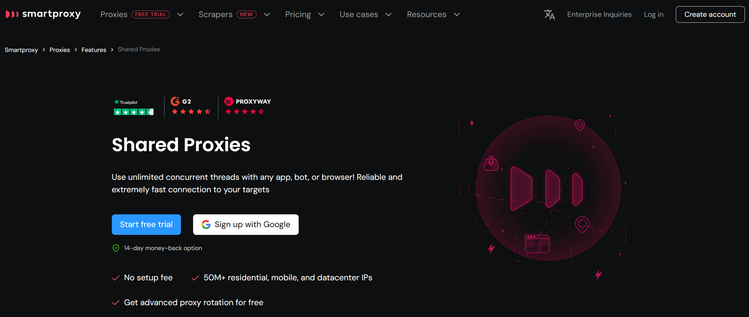 Smartproxy features 50M+ residential, mobile, datacenter IPs, plus free proxy rotation, for no set-up fee and a 14-day money-back guarantee.