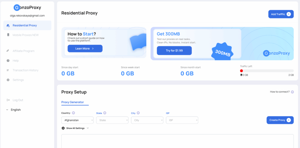GonzoProxy Dashboard Webpage