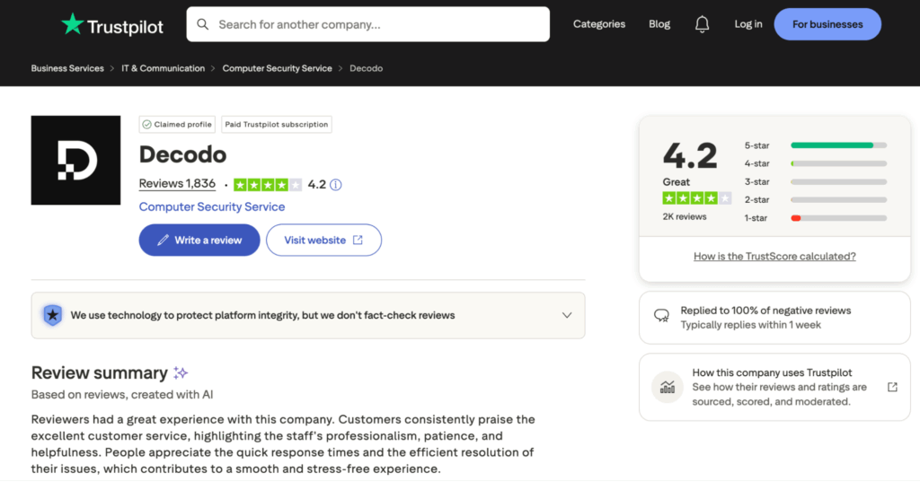 Decodo TrustPilot Profile