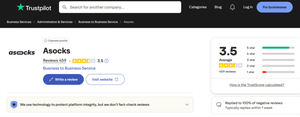 Asocks TrustPilot Profile