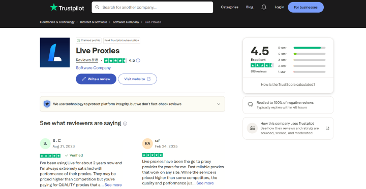 Customer testimonials on Trustpilot